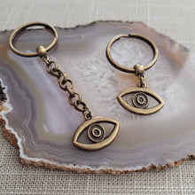 Load image into Gallery viewer, Evil Eye Keychain, Key Ring or Zipper Pull, Bronze Backpack or Purse Charms, Talisman Protection
