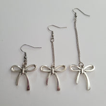 Load image into Gallery viewer, Silver Bow Earrings, Your Choice of Three Lengths, Dangle Drop Chain Earrings

