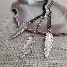 Load image into Gallery viewer, Feather Necklace, Your Choice of Three Rolo Chains Finishes, Mixed Metals, Mens Minimalist Jewelry
