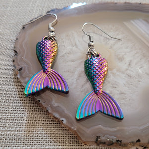 Mermaid Tail Earrings, Iridescent Titanium Rainbow Plated,  Dangle Drop Earrings, Underwater Jewelry