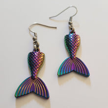 Load image into Gallery viewer, Mermaid Tail Earrings, Iridescent Titanium Rainbow Plated,  Dangle Drop Earrings, Underwater Jewelry
