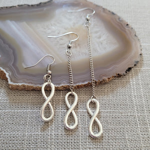 Silver Infinity Earrings Earrings, Your Choice of Three Lengths, Dangle Drop Chain Earrings, 8th Anniversary Gift