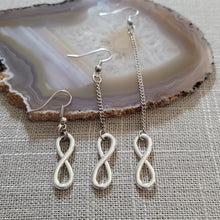 Load image into Gallery viewer, Silver Infinity Earrings Earrings, Your Choice of Three Lengths, Dangle Drop Chain Earrings, 8th Anniversary Gift
