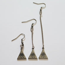 Load image into Gallery viewer, All Seeing Eye Pyramid Earrings, Your Choice of Three Lengths, Long Dangle Drop Chain Earrings
