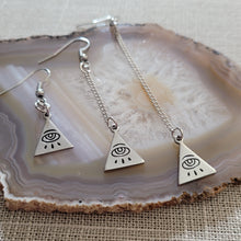 Load image into Gallery viewer, All Seeing Eye Pyramid Earrings, Your Choice of Three Lengths, Long Dangle Drop Chain Earrings
