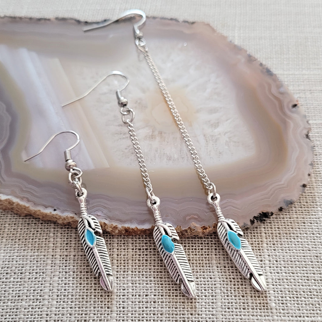 Turquoise Feather Earrings, Your Choice of Three Lengths, Dangle Drop Chain Earrings