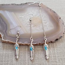 Load image into Gallery viewer, Turquoise Feather Earrings, Your Choice of Three Lengths, Dangle Drop Chain Earrings
