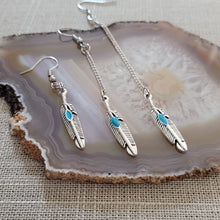 Load image into Gallery viewer, Turquoise Feather Earrings, Your Choice of Three Lengths, Dangle Drop Chain Earrings
