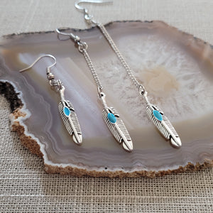 Turquoise Feather Earrings, Your Choice of Three Lengths, Dangle Drop Chain Earrings