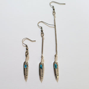 Turquoise Feather Earrings, Your Choice of Three Lengths, Dangle Drop Chain Earrings
