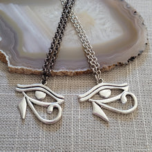 Load image into Gallery viewer, Eye of Ra Necklace, Your Choice of Gunmetal or Silver Rolo Chain, Egyptian Heiroglyphics Jewelry
