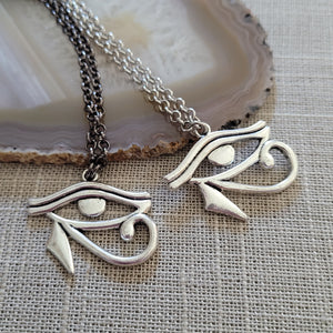 Eye of Ra Necklace, Your Choice of Gunmetal or Silver Rolo Chain, Egyptian Heiroglyphics Jewelry