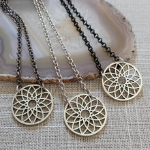 Load image into Gallery viewer, Flower of Life Necklace, Your Choice of 3 Rolo Chains Finishes, Mixed Metal Jewelry
