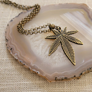 Marijuana Leaf Necklace, Bronze Rolo Chain, Mens Jewelry, Cannabis Pothead Stoner Jewelry