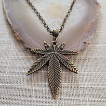Load image into Gallery viewer, Marijuana Leaf Necklace, Bronze Rolo Chain, Mens Jewelry, Cannabis Pothead Stoner Jewelry
