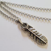 Load image into Gallery viewer, Feather Necklace, Your Choice of Gunmetal or Silver Rolo Chain, Pagan Goddess Jewelry
