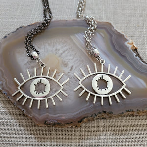 Evil Eye Necklace, Your Choice of Gunmetal or Silver Rolo Chain