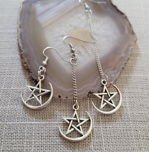 Half Moon Pentagram Earrings, Your Choice of Three Lengths, Long Dangle Drop Chain Earrings, Jewelry for Witches