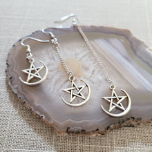 Load image into Gallery viewer, Half Moon Pentagram Earrings, Your Choice of Three Lengths, Long Dangle Drop Chain Earrings, Jewelry for Witches
