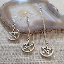 Load image into Gallery viewer, Half Moon Pentagram Earrings, Your Choice of Three Lengths, Long Dangle Drop Chain Earrings, Jewelry for Witches
