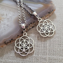 Load image into Gallery viewer, Flower of Life Necklace, Your Choice of Gunmetal or Silver Rolo Chain, Layering Jewelry
