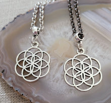 Load image into Gallery viewer, Flower of Life Necklace, Your Choice of Gunmetal or Silver Rolo Chain, Layering Jewelry
