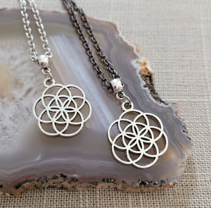 Flower of Life Necklace, Your Choice of Gunmetal or Silver Rolo Chain, Layering Jewelry