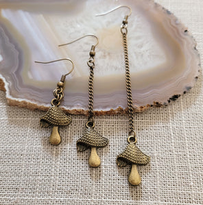 Magic Mushroom Earrings, Your Choice of Three Lengths, Dangle Drop Chain Earrings