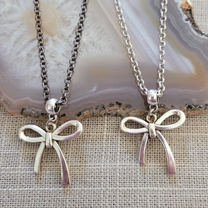 Frilly Bow Necklace, Your Choice of Gunmetal or Silver Rolo Chain, Feminine Layering Necklace