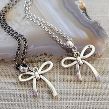 Load image into Gallery viewer, Frilly Bow Necklace, Your Choice of Gunmetal or Silver Rolo Chain, Feminine Layering Necklace
