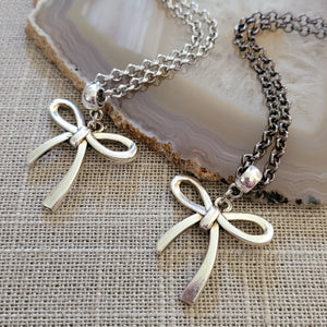 Frilly Bow Necklace, Your Choice of Gunmetal or Silver Rolo Chain, Feminine Layering Necklace