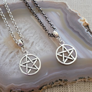 Pentagram Necklace, Your Choice of Gunmetal or Silver Rolo Chain, Five Pointed Star Pagan Wiccan Jewelry