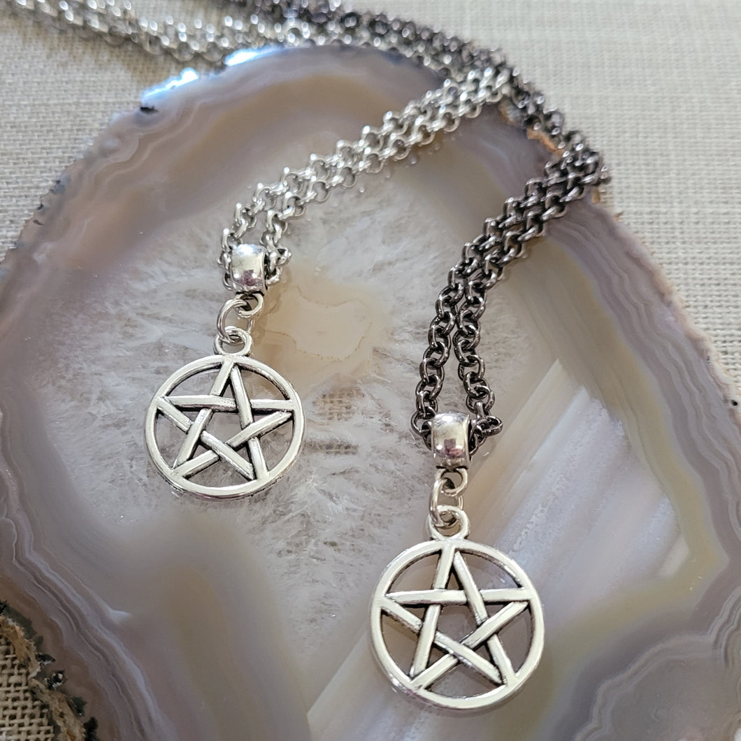 Pentagram Necklace, Your Choice of Gunmetal or Silver Rolo Chain, Five Pointed Star Pagan Wiccan Jewelry