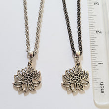 Load image into Gallery viewer, Chrysanthemum Flower Necklace, Your Choice of Gunmetal or Silver Rolo Chain
