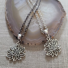 Load image into Gallery viewer, Chrysanthemum Flower Necklace, Your Choice of Gunmetal or Silver Rolo Chain
