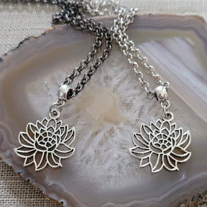 Chrysanthemum Flower Necklace, Your Choice of Gunmetal or Silver Rolo Chain