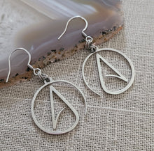 Load image into Gallery viewer, Atheist Earrings, Atheism Long Dangle Drop Earrings, Stainless Steel Charms
