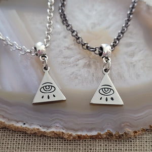 All Seeing Eye Necklace, Your Choice of Gunmetal or Silver Rolo Chain, Mens Illuminati Jewelry
