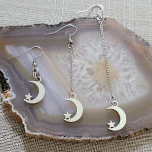 Crescent Moon and Star Earrings, Your Choice of Three Lengths, Long Dangle Drop Chain Earrings, Celestial Jewelry