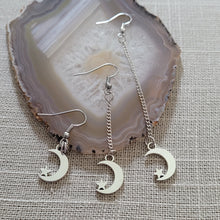 Load image into Gallery viewer, Crescent Moon and Star Earrings, Your Choice of Three Lengths, Long Dangle Drop Chain Earrings, Celestial Jewelry
