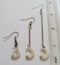 Load image into Gallery viewer, Crescent Moon and Star Earrings, Your Choice of Three Lengths, Long Dangle Drop Chain Earrings, Celestial Jewelry
