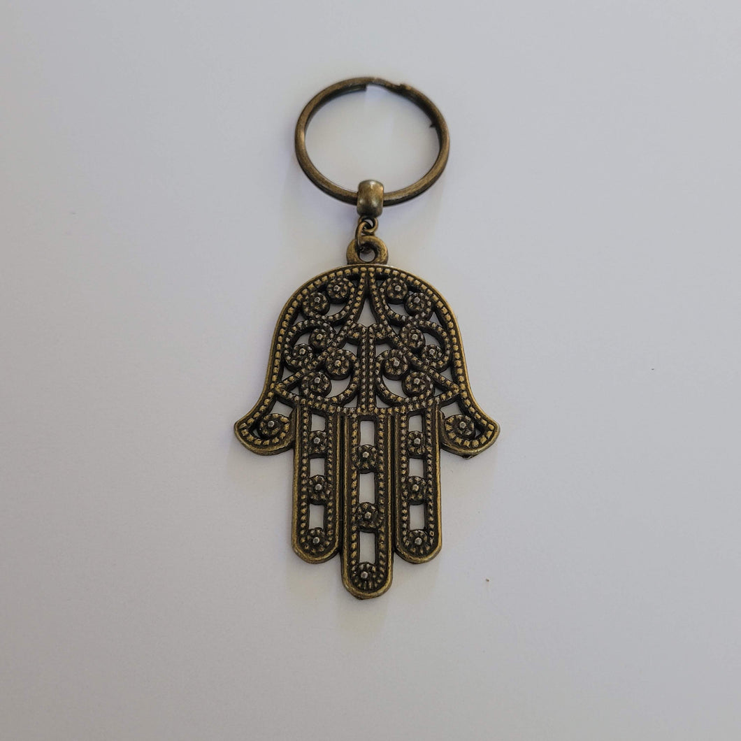 Hamsa Keychain, Bronze Key Ring Fob, Backpack Charm Zipper Pull