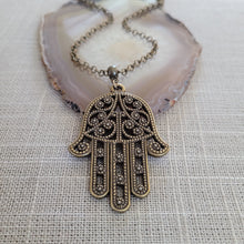 Load image into Gallery viewer, Hamsa Necklace, Bronze Hand of Fatima Protection Talisman on Rolo Chain, Bohemian Layering Jewelry
