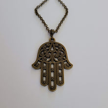 Load image into Gallery viewer, Hamsa Necklace, Bronze Hand of Fatima Protection Talisman on Rolo Chain, Bohemian Layering Jewelry
