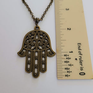 Hamsa Necklace, Bronze Hand of Fatima Protection Talisman on Rolo Chain, Bohemian Layering Jewelry