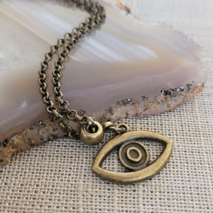 Evil Eye Necklace, Bronze Rolo Chain, Mens Minimalist Layering Jewelry, Protection Amulet