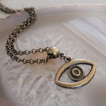 Load image into Gallery viewer, Evil Eye Necklace, Bronze Rolo Chain, Mens Minimalist Layering Jewelry, Protection Amulet
