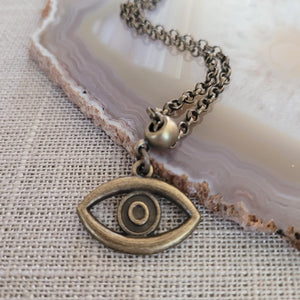 Evil Eye Necklace, Bronze Rolo Chain, Mens Minimalist Layering Jewelry, Protection Amulet