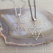 Load image into Gallery viewer, Merkaba Necklace, Your Choice of Gunmetal or Silver Rolo Chain, Mens Minimalist Jewelry
