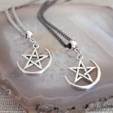 Load image into Gallery viewer, Pentagram Half Moon Necklace, Your Choice of Curb Chain, Five Pointed Star Pagan Wiccan Jewelry
